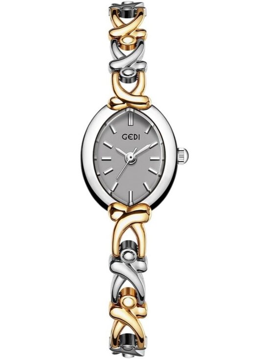 Women\'s Gold Grey Analog Quartz Alloy Steel Oval Roman Numeral Bracelet Watch